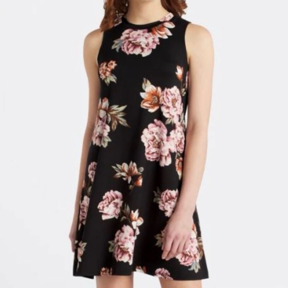 Fortune + Ivy Black Knit Sleeveless Shift Dress Rose Pattern Sz XL EUC Workwear